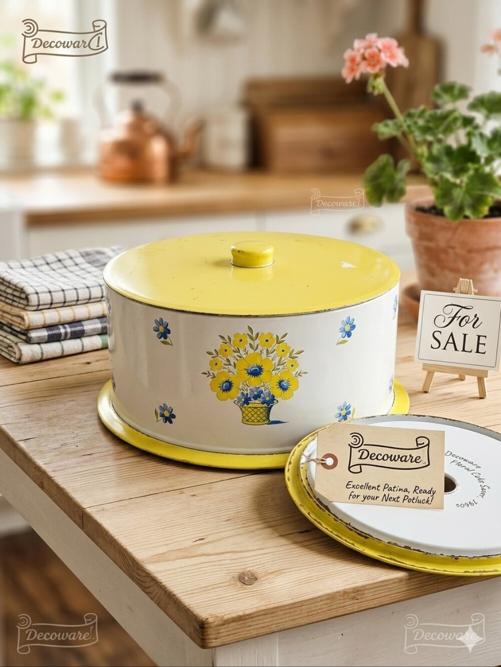 Vintage 1960s Decoware Floral Cake Carrier Saver Tin Yellow Retro Mid Century